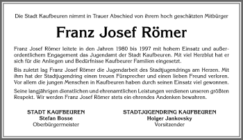 Traueranzeige von Franz Josef Römer von Allgäuer Zeitung, Kaufbeuren/Buchloe