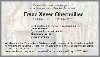 Traueranzeige von Franz Xaver Obermüller von Allgäuer Zeitung, Kaufbeuren/Buchloe
