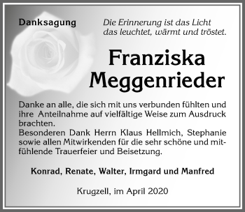Traueranzeige von Franziska Meggenrieder von Allgäuer Zeitung,Kempten