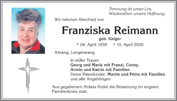 Traueranzeige von Franziska Reimann von Allgäuer Zeitung, Marktoberdorf