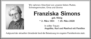 Traueranzeige von Franziska Simons von Allgäuer Zeitung, Kaufbeuren/Buchloe
