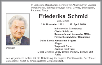 Traueranzeige von Friederika Schmid von Allgäuer Zeitung, Kaufbeuren/Buchloe