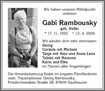 Traueranzeige von Gabi Rambousky von Allgäuer Zeitung, Kaufbeuren/Buchloe