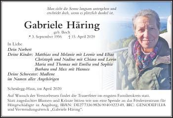 Traueranzeige von Gabriele Häring von Der Westallgäuer