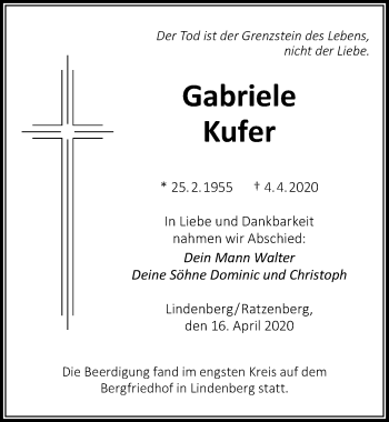 Traueranzeige von Gabriele Kufer von Der Westallgäuer