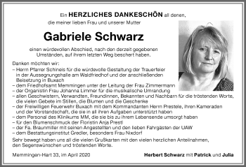 Traueranzeige von Gabriele Schwarz von Memminger Zeitung