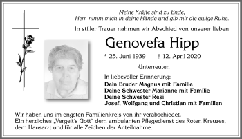 Traueranzeige von Genovefa Hipp von Allgäuer Zeitung, Füssen