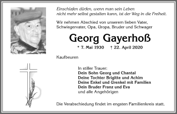 Traueranzeige von Georg Gayerhoß von Allgäuer Zeitung, Kaufbeuren/Buchloe