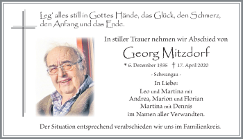 Traueranzeige von Georg Mitzdorf von Allgäuer Zeitung, Füssen