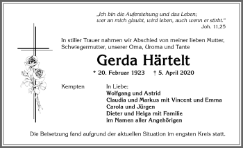 Traueranzeige von Gerda Härtelt von Allgäuer Zeitung,Kempten