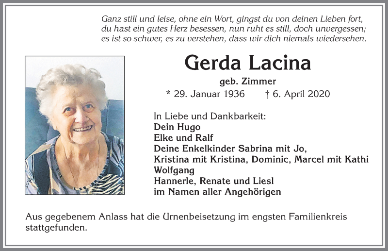  Traueranzeige für Gerda Lacina vom 18.04.2020 aus Allgäuer Zeitung, Kaufbeuren/Buchloe