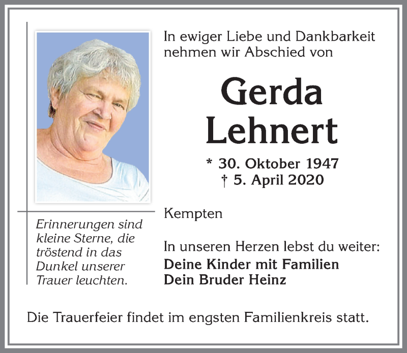  Traueranzeige für Gerda Lehnert vom 08.04.2020 aus Allgäuer Zeitung,Kempten