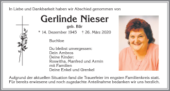 Traueranzeige von Gerlinde Nieser von Allgäuer Zeitung, Kaufbeuren/Buchloe