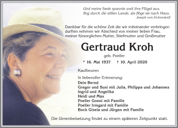 Traueranzeige von Gertraud Kroh von Allgäuer Zeitung, Kaufbeuren/Buchloe