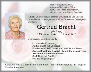 Traueranzeige von Gertrud Bracht von Allgäuer Zeitung, Kaufbeuren/Buchloe