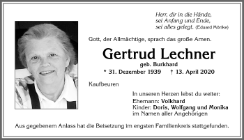 Traueranzeige von Gertrud Lechner von Allgäuer Zeitung, Kaufbeuren/Buchloe