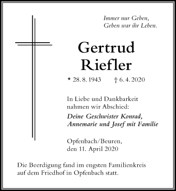 Traueranzeige von Gertrud Riefler von Der Westallgäuer