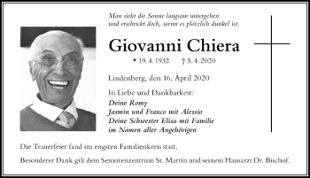 Traueranzeige von Giovanni Chiera von Der Westallgäuer