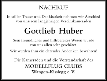Traueranzeige von Gottlieb Huber von Der Westallgäuer