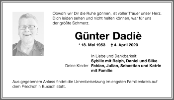 Traueranzeige von Günter Dadiè von Memminger Zeitung