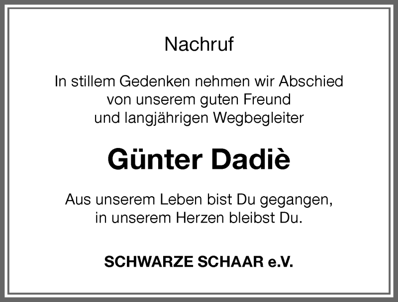  Traueranzeige für Günter Dadiè vom 17.04.2020 aus Memminger Zeitung
