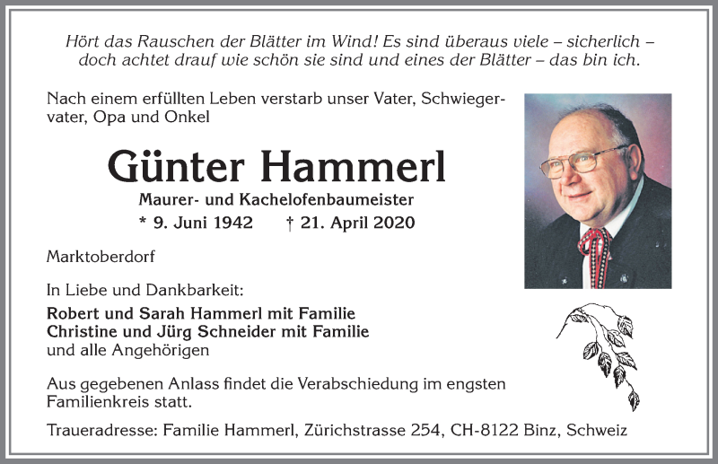  Traueranzeige für Günter Hammerl vom 23.04.2020 aus Allgäuer Zeitung, Marktoberdorf