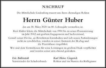 Traueranzeige von Günter Huber von Der Westallgäuer