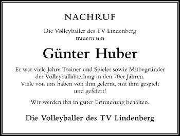 Traueranzeige von Günter Huber von Der Westallgäuer