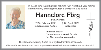 Traueranzeige von Hannelore Förg von Allgäuer Zeitung, Kaufbeuren/Buchloe