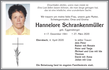 Traueranzeige von Hannelore Schrankenmüller von Allgäuer Zeitung, Marktoberdorf