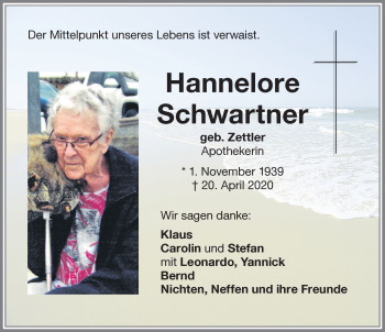 Traueranzeige von Hannelore Schwartner von Memminger Zeitung