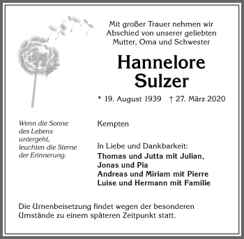 Traueranzeige von Hannelore Sulzer von Allgäuer Zeitung,Kempten