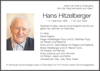 Traueranzeige von Hans Hitzelberger von Der Westallgäuer