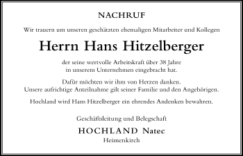 Traueranzeige von Hans Hitzelberger von Der Westallgäuer