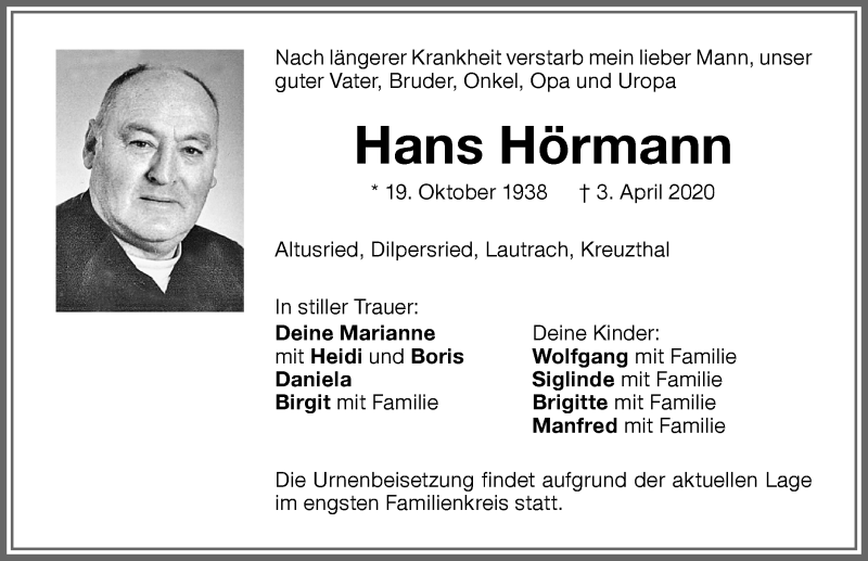  Traueranzeige für Hans Hörmann vom 07.04.2020 aus Memminger Zeitung