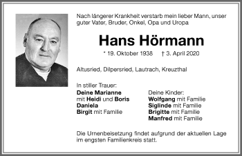 Traueranzeige von Hans Hörmann von Memminger Zeitung
