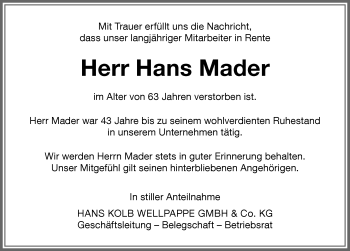 Traueranzeige von Hans Mader von Memminger Zeitung