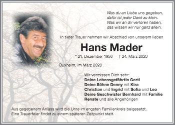 Traueranzeige von Hans Mader von Memminger Zeitung