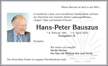 Traueranzeige von Hans-Peter Bauszus von Allgäuer Zeitung,Kempten