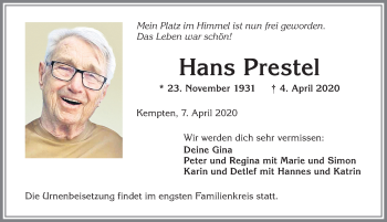 Traueranzeige von Hans Prestel von Allgäuer Zeitung,Kempten