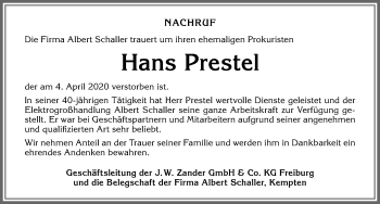 Traueranzeige von Hans Prestel von Allgäuer Zeitung,Kempten