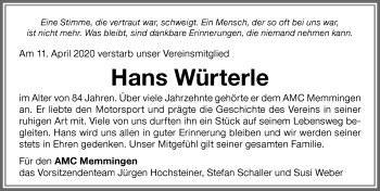 Traueranzeige von Hans Würterle von Memminger Zeitung
