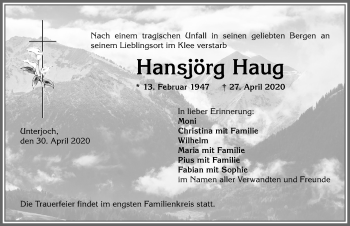 Traueranzeige von Hansjörg Haug von Allgäuer Anzeigeblatt