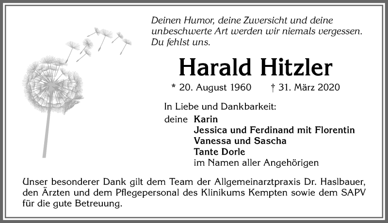  Traueranzeige für Harald Hitzler vom 04.04.2020 aus Allgäuer Zeitung,Kempten