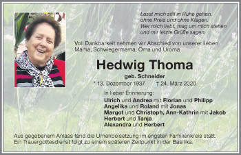 Traueranzeige von Hedwig Thoma von Memminger Zeitung