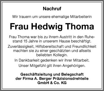 Traueranzeige von Hedwig Thoma von Memminger Zeitung