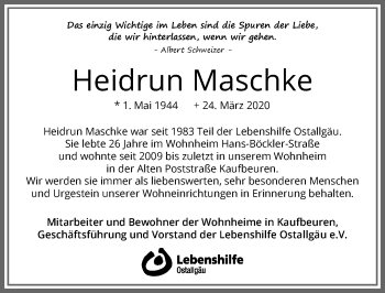 Traueranzeige von Heidrun Maschke von Allgäuer Zeitung, Kaufbeuren/Buchloe