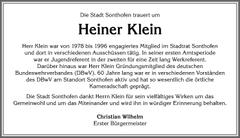 Traueranzeige von Heiner Klein von Allgäuer Anzeigeblatt