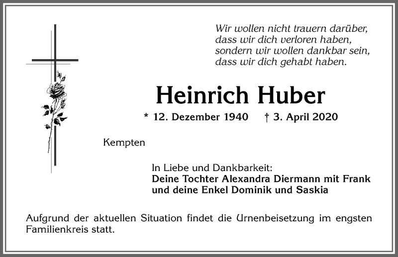  Traueranzeige für Heinrich Huber vom 11.04.2020 aus Allgäuer Zeitung,Kempten