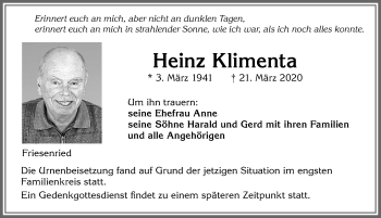 Traueranzeige von Heinz Klimenta von Allgäuer Zeitung, Kaufbeuren/Buchloe